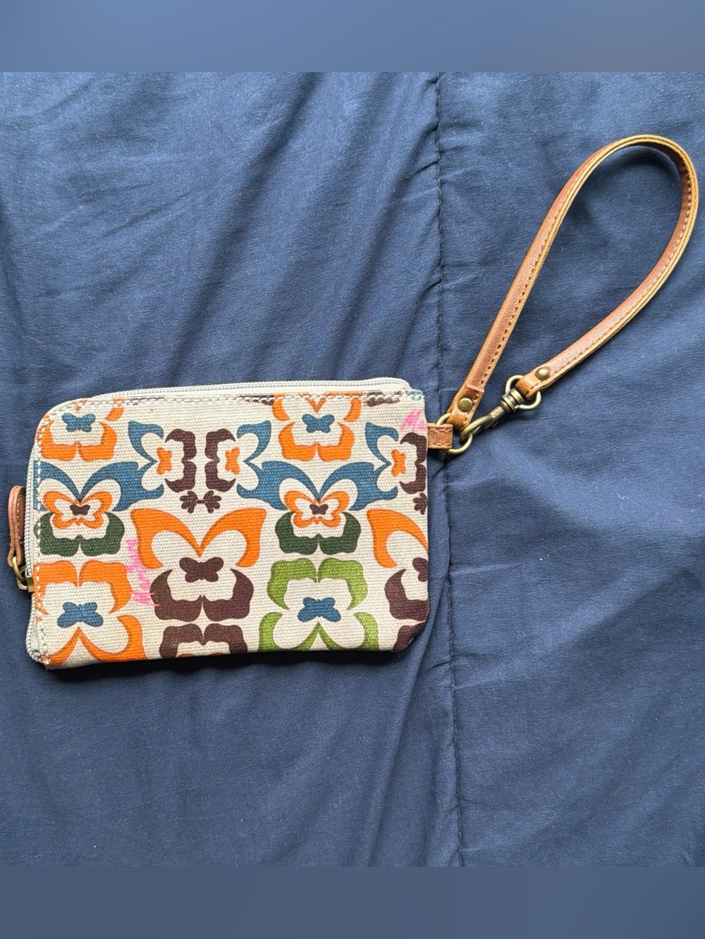 Mariposa Floral Pattern Canvas Wristlet in Orange, Green, Blue, Brown, Cream